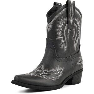 Women's Black-white Cowboy Exquisitely Embroidered Western-Style Mid-Heel Boots